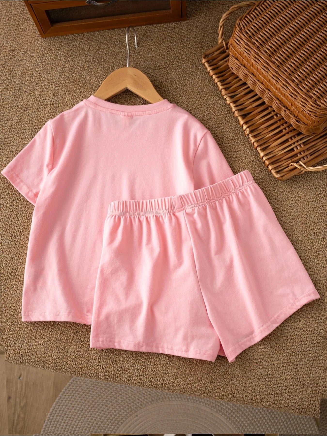 Casual Children's Clothing Set Solid Color Printed round Neck Short Sleeve Top with Wide Leg Shorts Pants for Kids