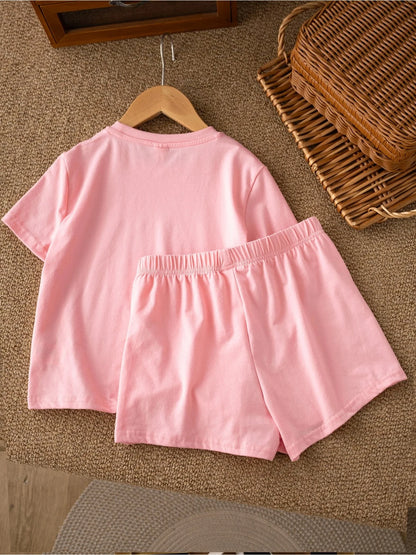 Casual Children's Clothing Set Solid Color Printed round Neck Short Sleeve Top with Wide Leg Shorts Pants for Kids