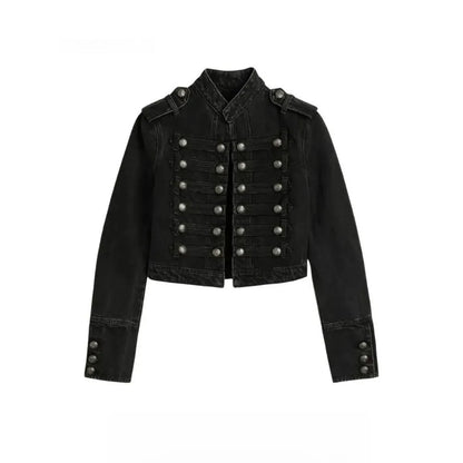 Y2K Retro Hussars Jacket Stand Collar Double Breasted Button Cropped Jacket Napoleon Old Money BLK Denim Jacket Women Boxy Coat