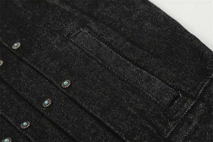 Mens Jacket Punk Vintage Streetwear Black Denim Short Coat Metal Buckle Studded Design Pleated Detail Retro Cool Hip Hop Fashion