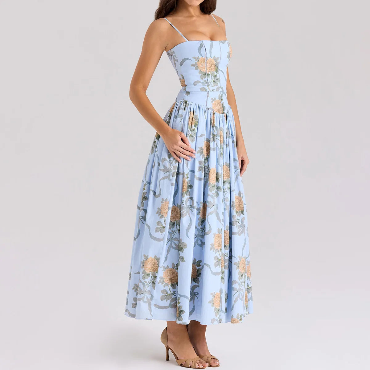 Summer Midi Dress - Women's Floral Print Elegant Camisole Fit and Flare Holiday Dress