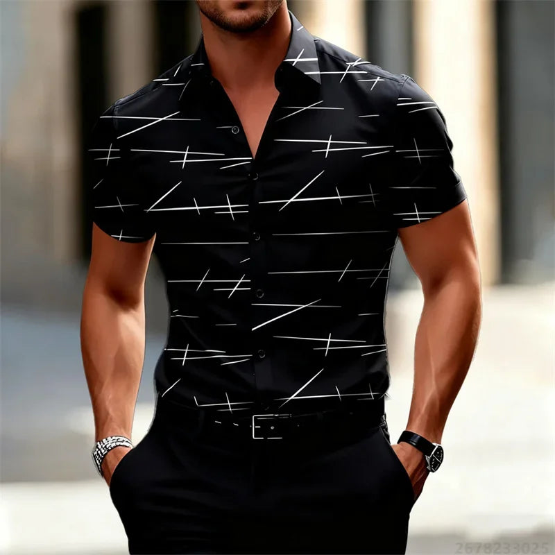 18 Colors 2026 New Men's Fashion Geometric Line Print Short-sleeved Shirt Urban Casual Style Slim Lapel Shirt Comfortable Fabric