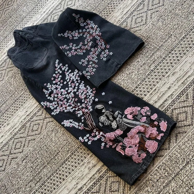 Y2K Vintage Baggy Fallen Knight Cherry Blossom Embroidery Jeans Men Women Fashion Straight Wide-leg Denim Pants Streetwear Jean