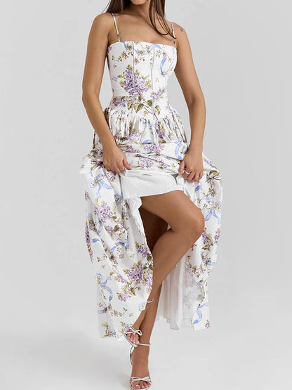 Summer Midi Dress - Women's Floral Print Elegant Camisole Fit and Flare Holiday Dress