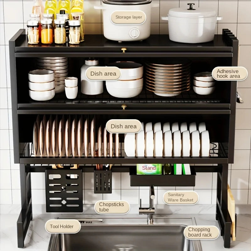 Dish Rack with Utensil Holder for Sink - Dustproof Carbon Steel Organizer for Plates/Bowls/Cutting Boards |   Space Kitchen