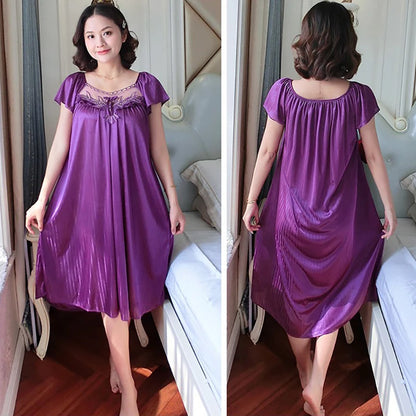 Ladies Ice Silk Nightgowns Sleeping Dress Medium Length Short Sleeve Nightdress Sexy Sleepwear Home Wear Loungewear Pyjama Femme