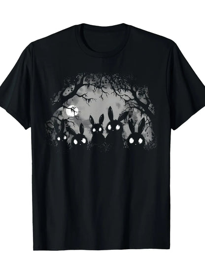 Women's Dark Gothic Style Cute Rabbit Horror Tshirt with Eerie Forest Print Adorned with Full Moon and Bat Motifs Women Clothing