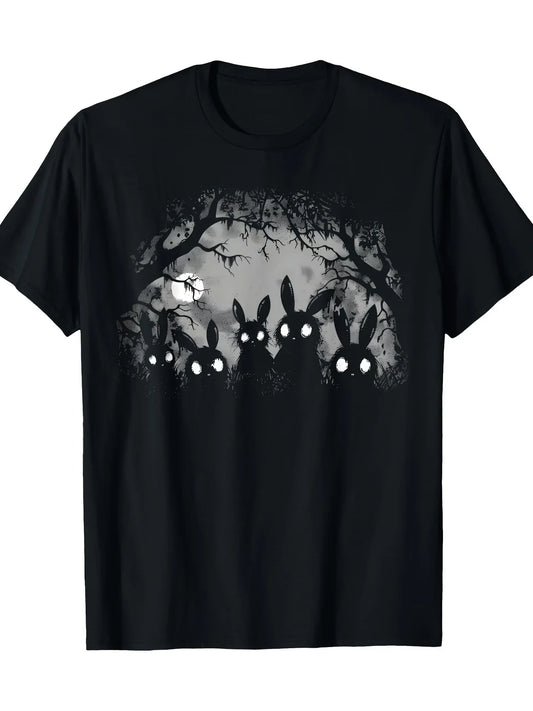 Women's Dark Gothic Style Cute Rabbit Horror Tshirt with Eerie Forest Print Adorned with Full Moon and Bat Motifs Women Clothing