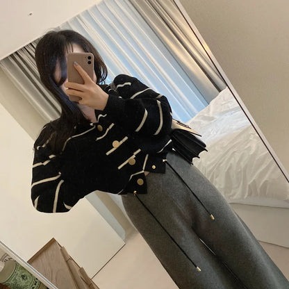 Loose Women's Knitted Cardigan Coat with Big Pockets Striped Splicing Drawstring Hem Single Buttoned Open Front Sweater