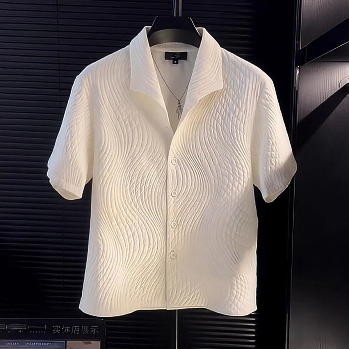 Men's British Style Wavy Textured Short Sleeve Shirt Casual Fashion Button Down Blouse