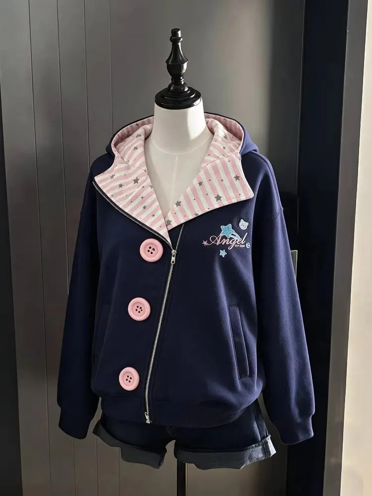 Y2K Vintage Zipper Hoodie Women Long Sleeve Subculture Purple Stripe Priint Harajuku Style Autumn Spting Casual Tops Streetwear