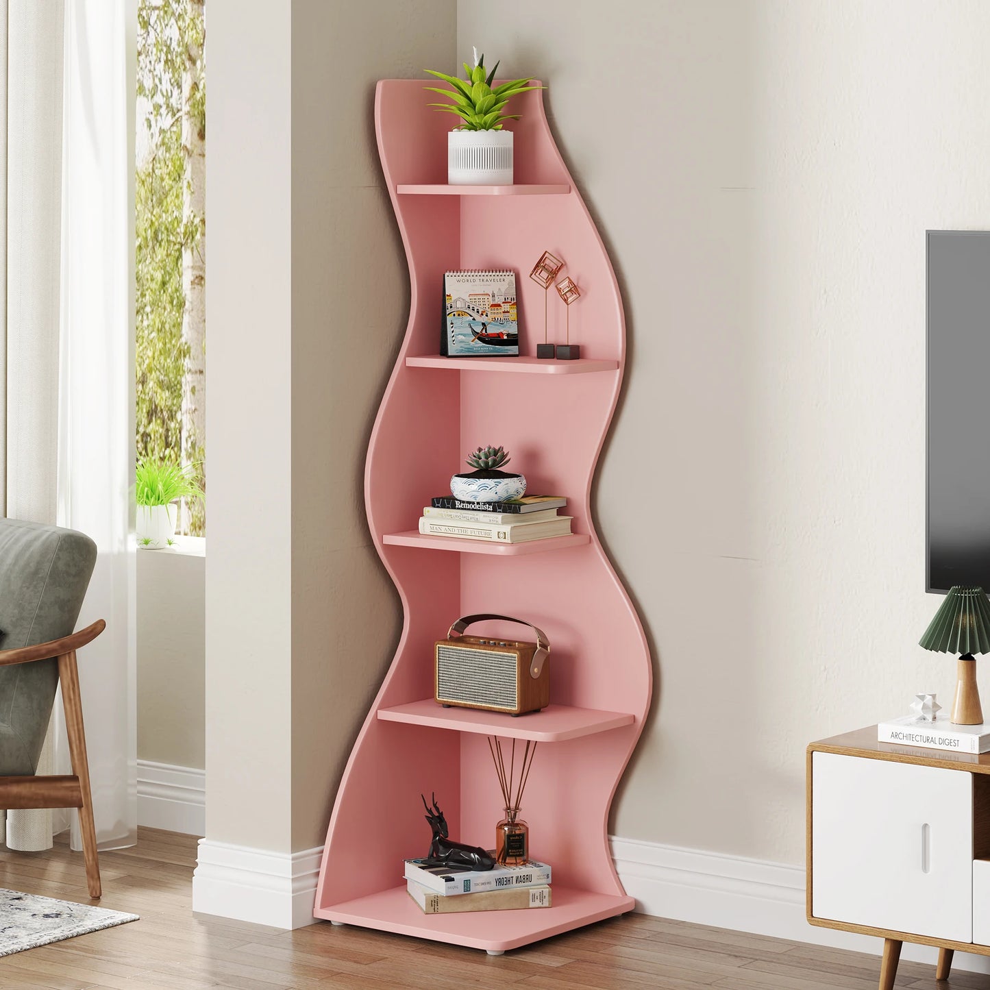 Corner Bookshelf - Modern 5-Tier Shelf | Stylish Wooden Storage Rack