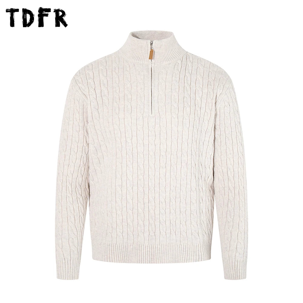 Retro Stand Collar Half Zipper Sweater Mens Solid Color Autumn Winter Casual Knitted Long Sleeve Loose Pullover Man