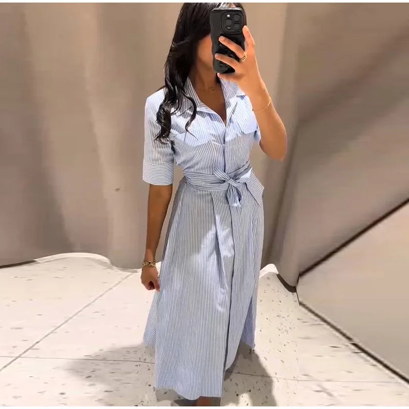 Women Summer Dress - Casual Striped Long Half Sleeve Slim Waist Mid-Calf Robe