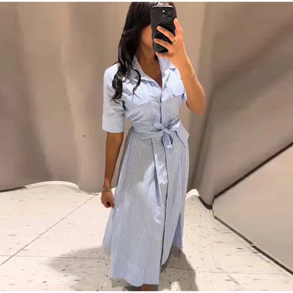 Women Summer Dress - Casual Striped Long Half Sleeve Slim Waist Mid-Calf Robe