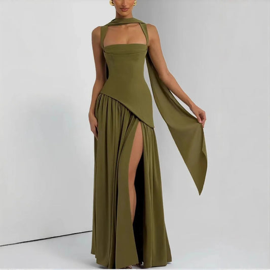 Green Evening Dress - Lace Up Back High Slit Maxi Party Dress with Scarf Attached