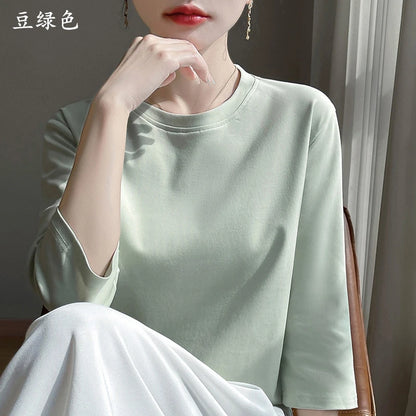 Summer Cotton Short-Sleeved T-Shirt Women's Round Neck Seven-Point Sleeves Loose Mercerized Cotton Half-Sleeve Shirt New T-shirt