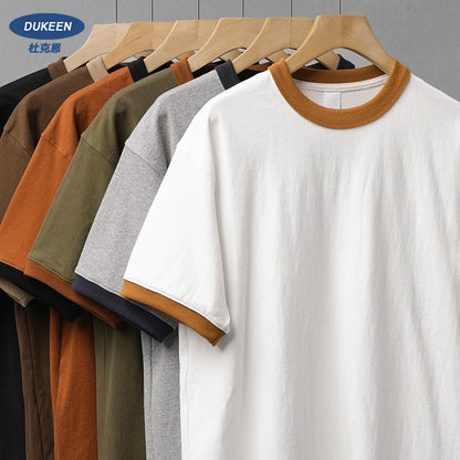DUKEEN 320G Heavyweight Color-Blocked Patchwork Men's T-Shirt Summer 100% Cotton Solid Color Short Sleeve Basic Tops