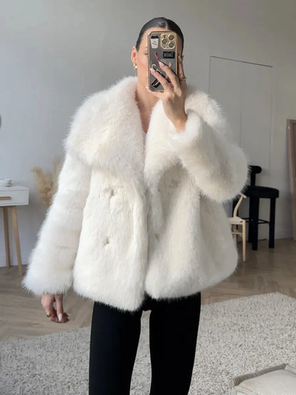 Faux Fur Women's Coat – Luxury Cropped Fluffy Jacket With Lapel Collar