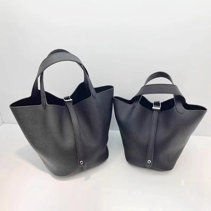 Women Leather Bucket Bag - Genuine Leather Handbag | Large Tote Bag With Silver Hardware