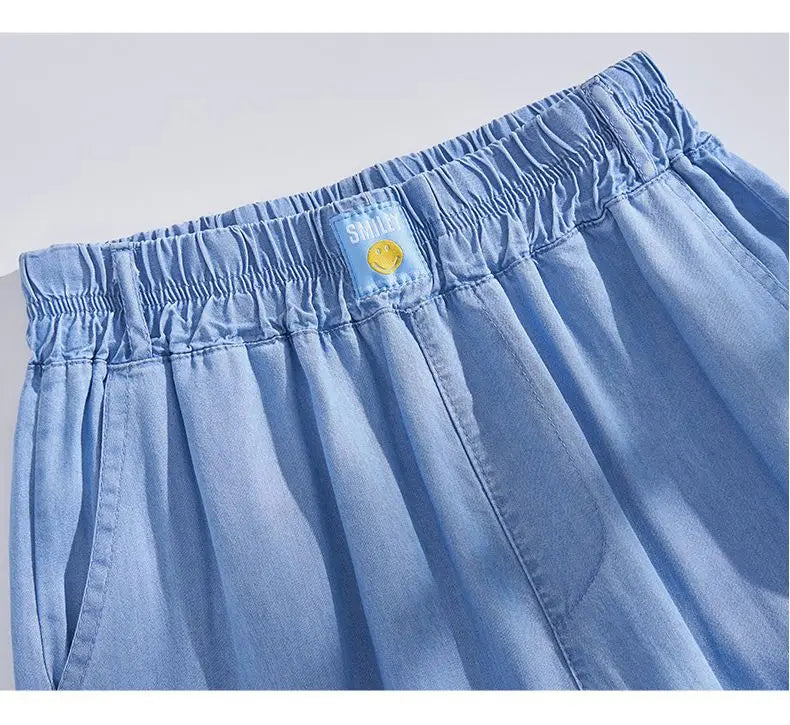 Plus Size Ice Silk Denim Pants Yoga Sports Thin Loose Style Women's Summer Casual Wide Leg Pants Harajuku Style Loose Waist