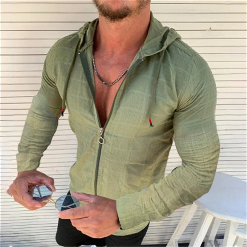 2026 Summer New Men's Cotton Linen Hooded Shirt Lightweight Casual Zipper Slim Fit Vacation Tops Sun Protection Clothing