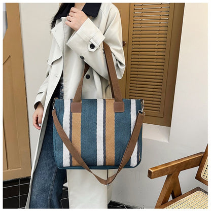 Striped Canvas Tote - Women's Crossbody Shoulder Bag With Zipper Closure, Versatile Daily Use