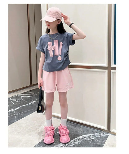 Girls Print Sets Summer Children Short-sleeved Suits Teenage Letter T-shirt+Shorts 2 Pcs Kids Clothing Tracksuit Outfits 3-12Y