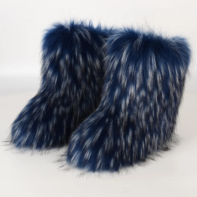 Women's Winter Snow Boots Outdoor Luxury Furry Faux Fox Fur Boots Woman Plush Warm Platform Shoes New Fashion Bottes Big Size 46