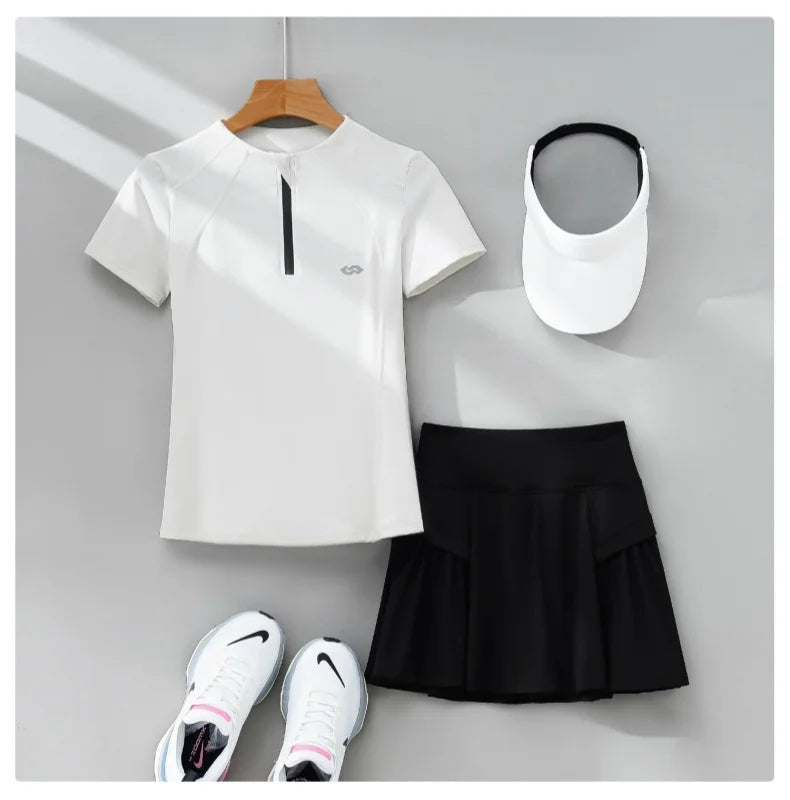 DRUR 2pcs Tennis Skirt Set Women Summer Sports Suit 2 Piece Fitness Top Skort Sets Ladies Golf Wear Set Sportswear Outfits 2025