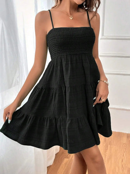 Women's Fashion Spaghetti Strap Smocked Bustier Mini Dress Blue Ruffled Tiered Swing Dress Summer Casual Vacation Beach Wear