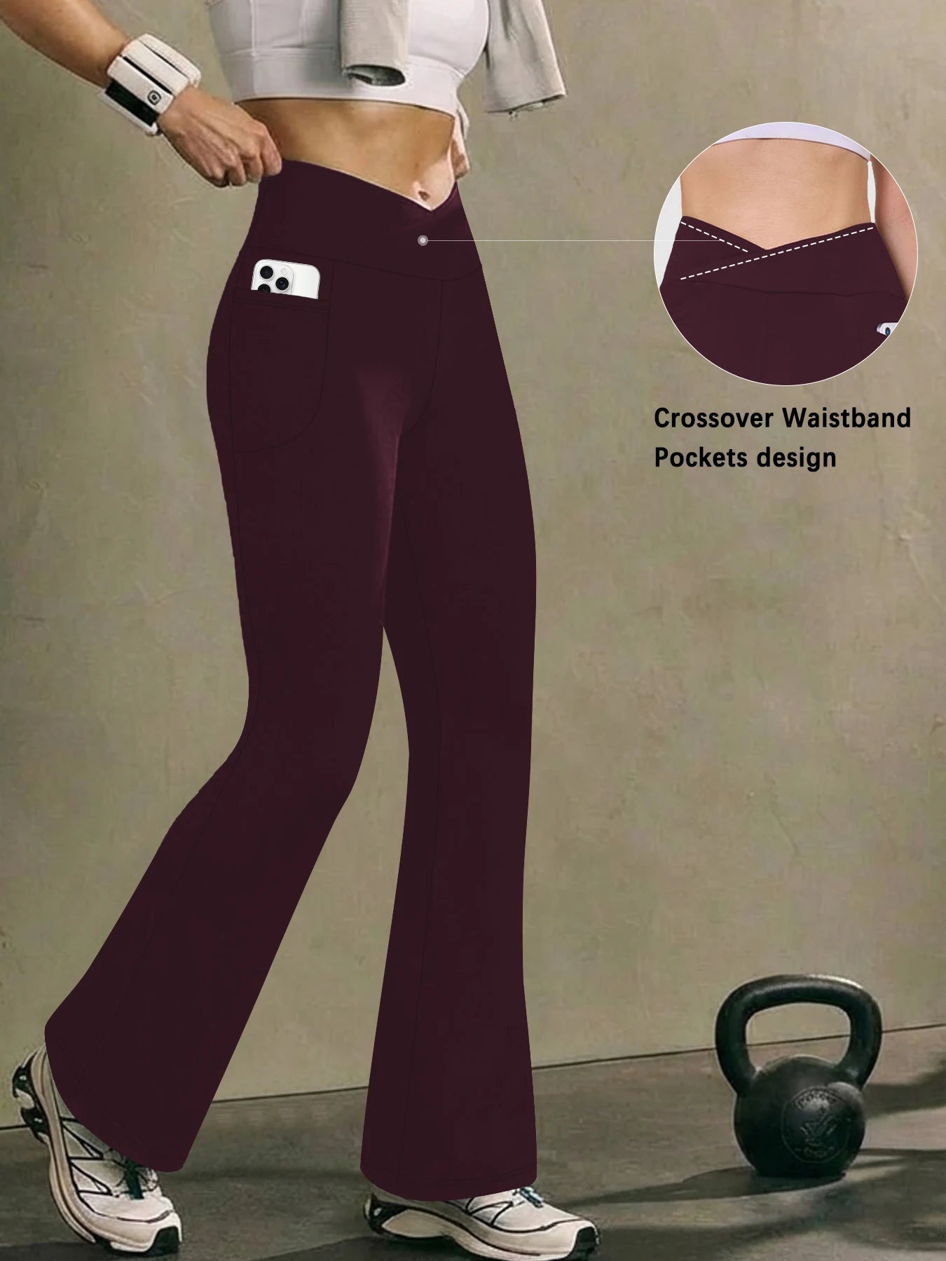 Womens Super Soft Crossover High Waisted Flare Leggings with Pockets Tummy Control Yoga Pants
