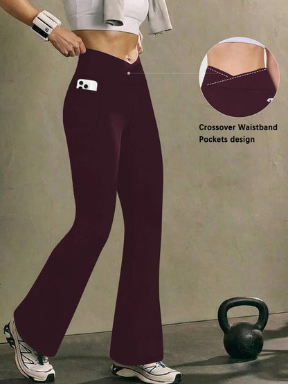 Womens Super Soft Crossover High Waisted Flare Leggings with Pockets Tummy Control Yoga Pants