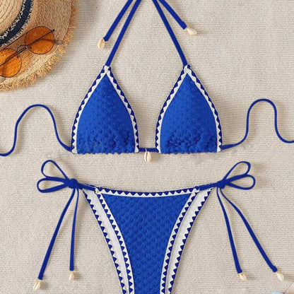 Halter Bikini Set - Wrinkled Weave Polyester Swimwear With Push Up Support