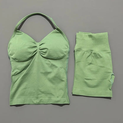 2Pcs HISTELLO Yoga Set Women Halter Tank Top Scrunch Butt Lifting Shorts Ruched Anti Chafe Quick Dry Gym Workout Sports Set
