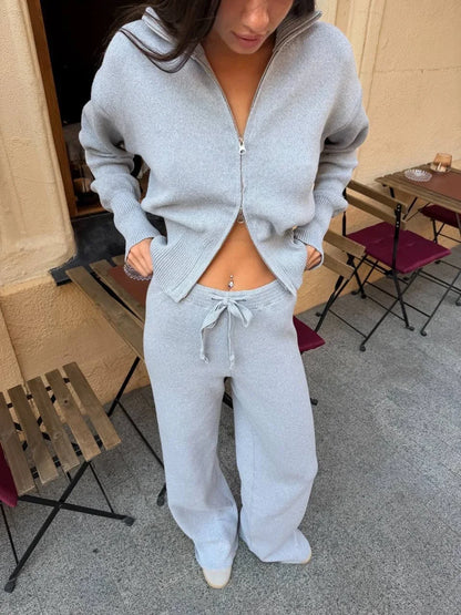 Solid Color Zipper Waist Cinching Casual Set Knitted Top Drawstring Straight Leg Pants 2-piece Sets 2026 Autumn Lady Daily Wear