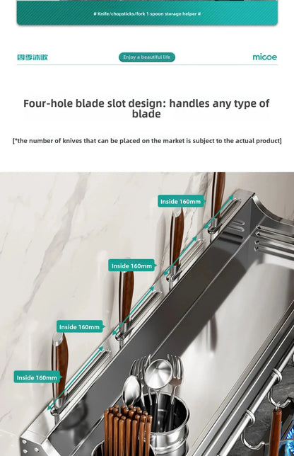 Stainless Steel Wall-Mounted Kitchen Storage Rack No-Drill Spice Shelf Knife Holder Condiment Organizer for Kitchen Counter