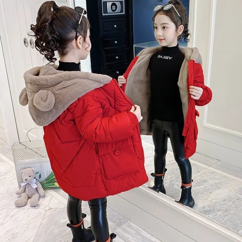 Girls Winter Jacket - Warm Hooded Cotton Polyester Coat | Windproof Kids Outerwear