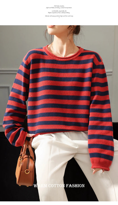 Fashion 100% pure cotton women's sweater autumn and winter casual striped knitted top loose Korean round neck women's pullover
