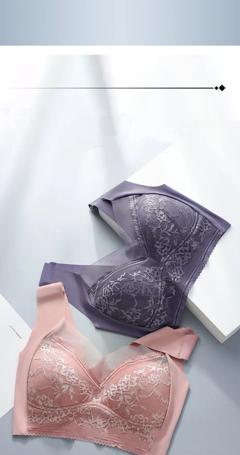 Plus Size Bra - Women's Lace Padded Comfort Bra With Ice Silk Fabric, Wire Free Support