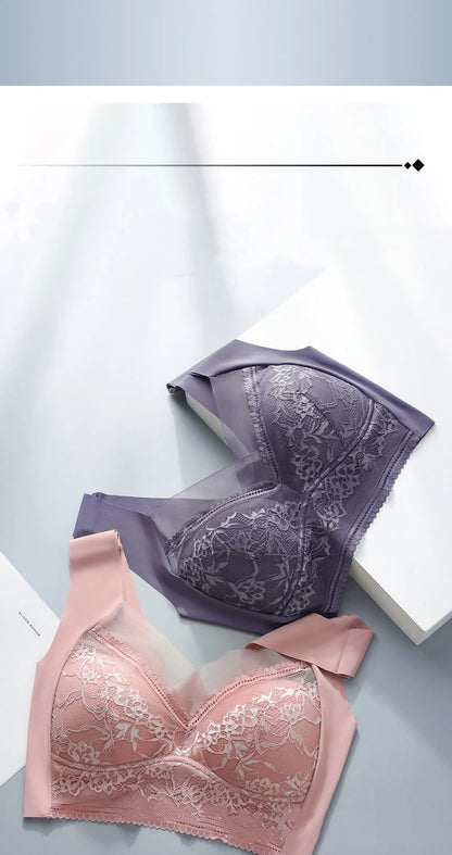 Plus Size Bra - Women's Lace Padded Comfort Bra With Ice Silk Fabric, Wire Free Support