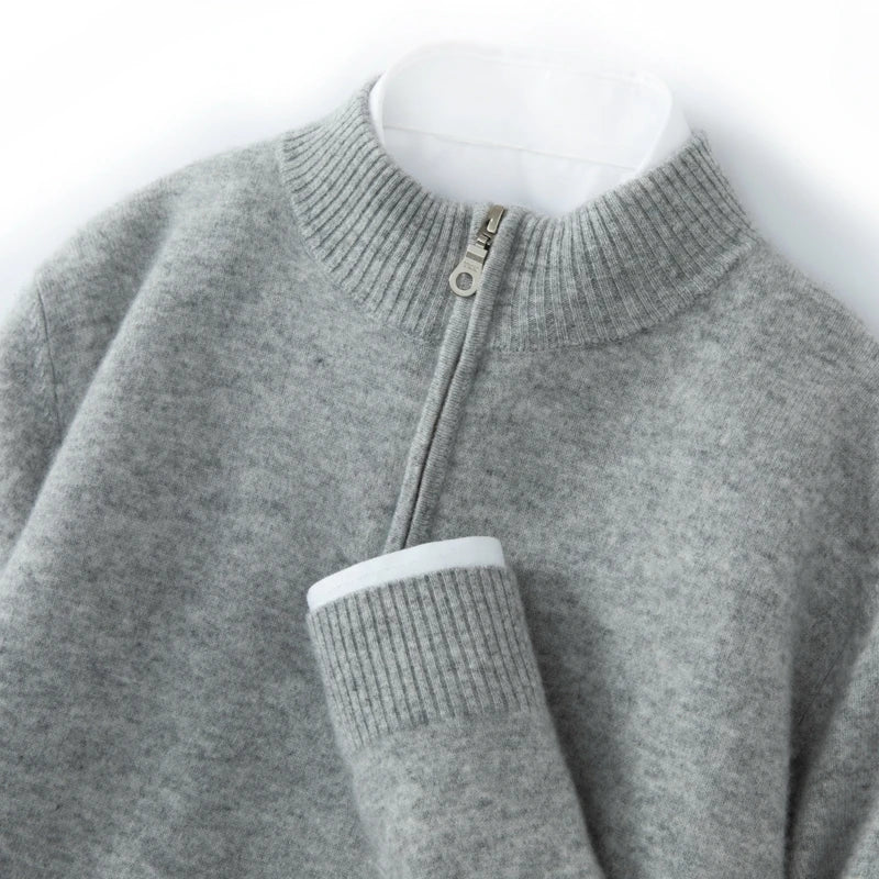 CHICUU Men's 100% Cashmere Sweater Zipper Pullover Mock Neck Long Sleeve Basic Cashmere Knitwear Autumn Winter Clothing Tops