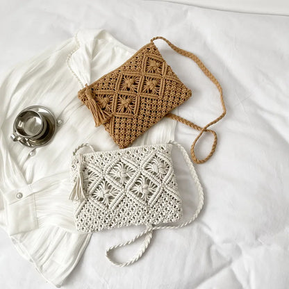 Handmade Cotton Crossbody Bag - Vintage Tassel Shoulder Messenger for Women Summer Beach Handbag 2023