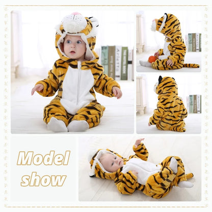 Baby Winter Rompers - Soft Polyester Hooded Jumpsuit With Animal Pattern, Machine Washable