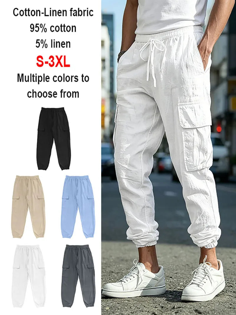 Men's Cotton Linen blend Cargo Jogger Pants Elastic Waist Drawstring Multi Pockets Casual Breathable Streetwear Trousers for Men