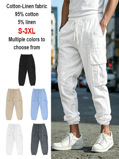 Men's Cotton Linen blend Cargo Jogger Pants Elastic Waist Drawstring Multi Pockets Casual Breathable Streetwear Trousers for Men