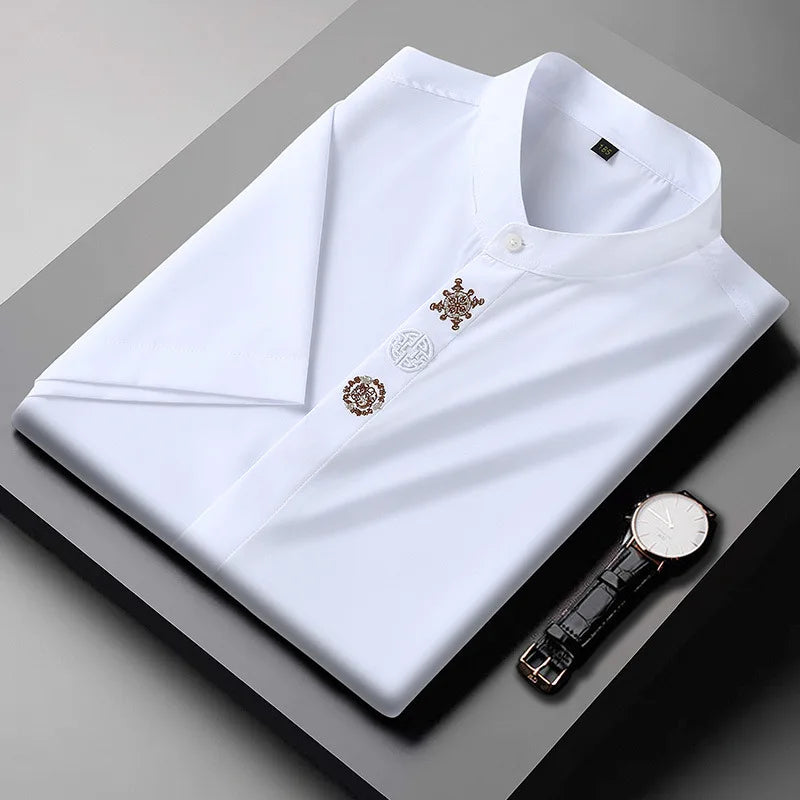 Upto 10XL Size Short Sleeve Embroidered Shirt Men's Casual Loose Oversized Black and White Short Sleeve Shirt Summer