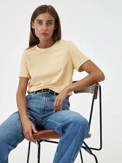 Wolfeel Summer 100% Cotton Women's T-shirt Bottoming Basic Fashionable Solid Lady Short Sleeve Loose Tops Shirts 230g/㎡ Tops