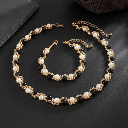 Lacteo 2025 Trendy Creative Imitation Pearl Beaded Chain Necklace Bracelet for Men Vintage Clavicle Chain Charm Jewelry Gift Set