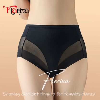 Flarixa Mesh High Waist Panties Women Body Slimming Shaper Briefs Ice Silk Sculpting Underwear Elastic Lace Female Lingerie